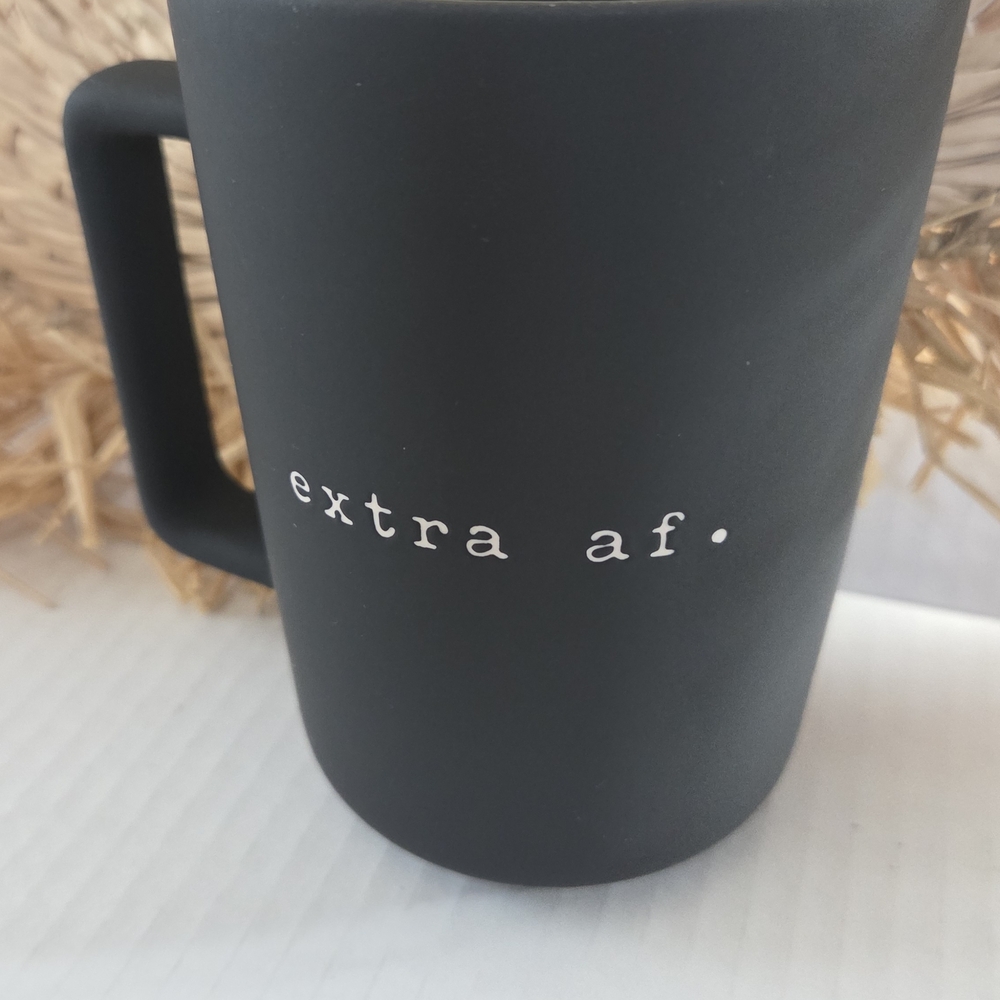 Better Living Black Mug with 'extra af.' Text